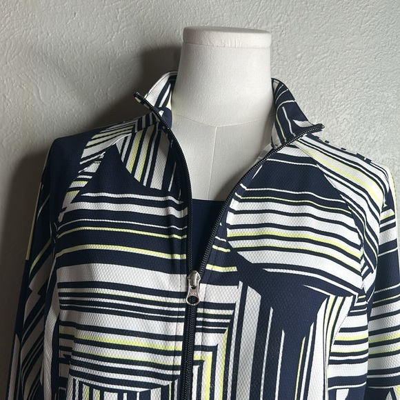 WEEKENDS By Chico’s Navy Linear Dot Striped Knit Wrinkle Free Zip Front Jacket M - Picture 7 of 17